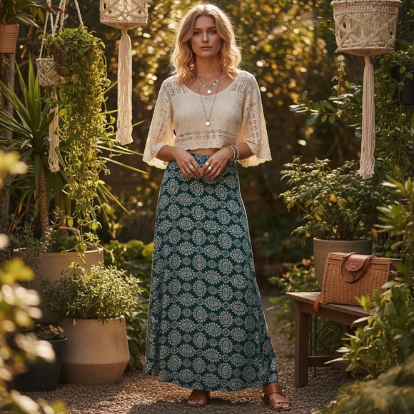 MARKET & SPRUCE STICH FIX Boho Maxi Skirt S Teal Medallion Hippie Tribal Coastal - Picture 1 of 9